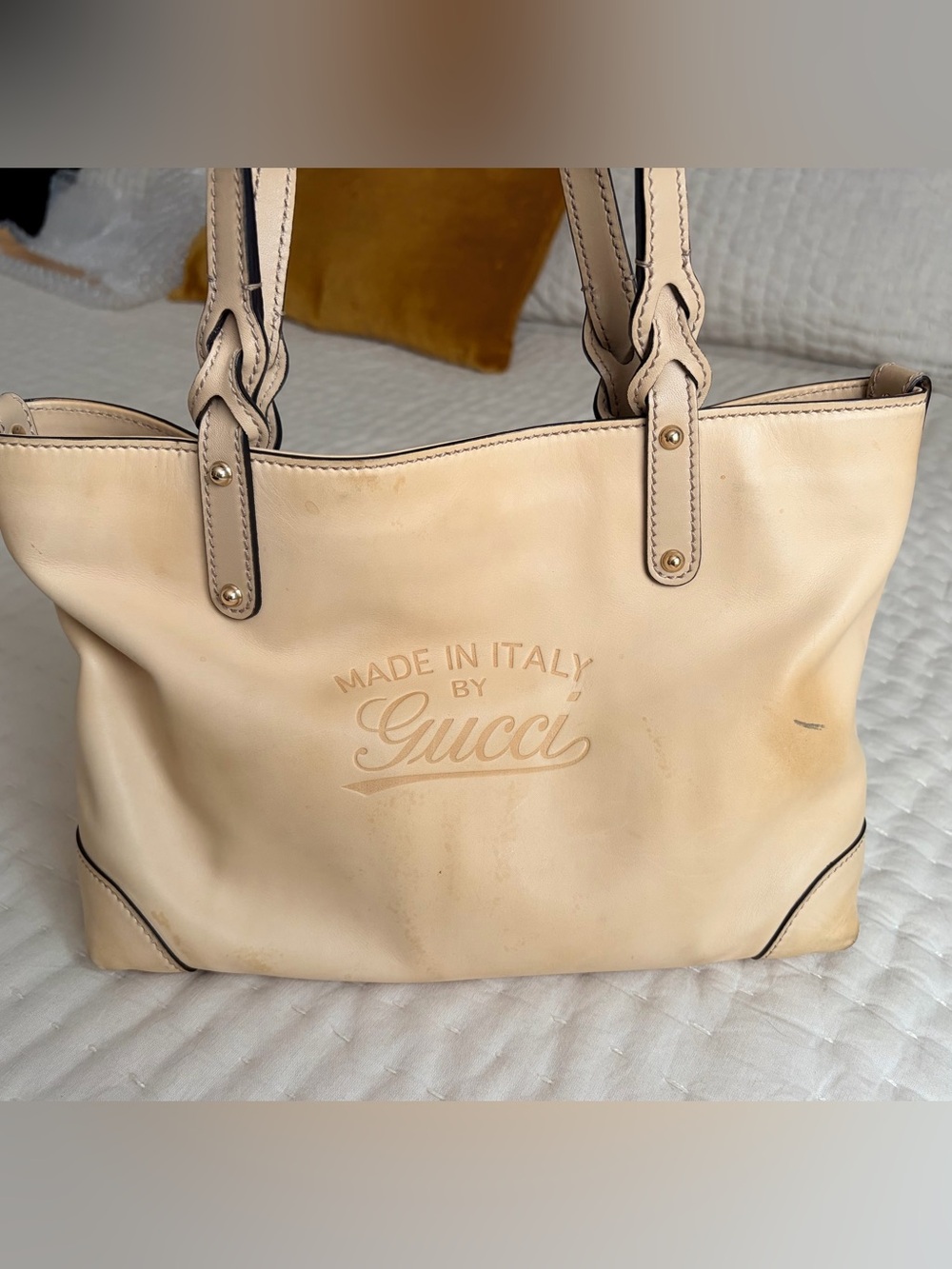Gucci tan leather small craft logo tote with zebra calf hair pouch